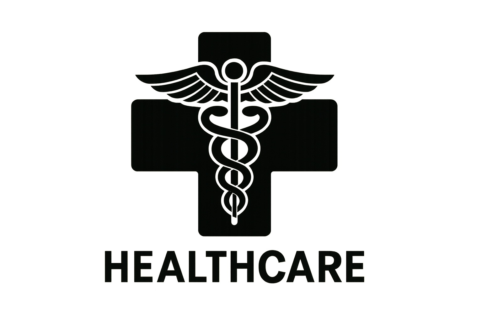 A black healthcare logo with a cross and a Caduceus with a clear background with healthcare text below-1