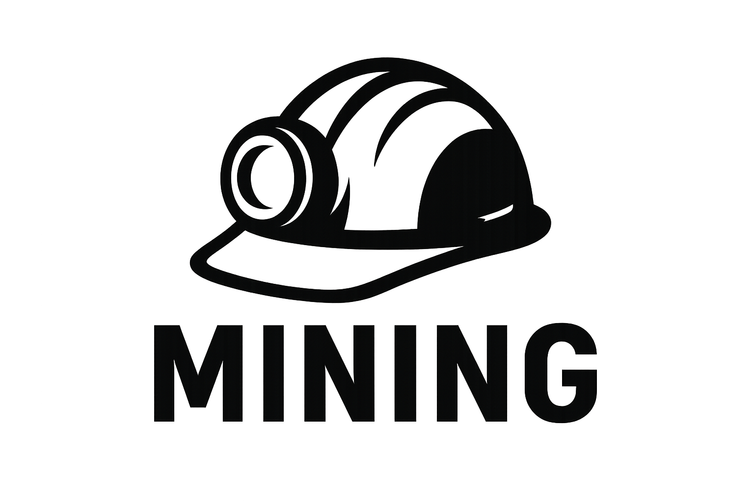 a black mining logo with a clear background of a hardhat at a 45 degree angle with a lamp with mining text below
