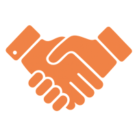 a logo of two hands shaking with the colour code R 255 G 154 B 82-2